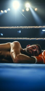 Boxer lying on the canvas in defeat, with a close-up on his face expressing exhaustion and red boxing gloves in focus