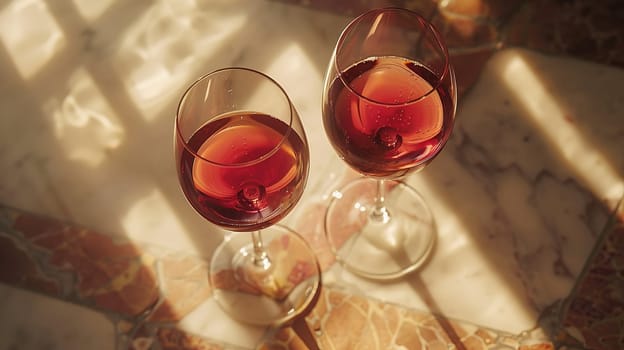 Two wine glasses filled with red wine on a marble table. The wine glasses are placed next to each other, and the sunlight is shining on them, creating a warm and inviting atmosphere