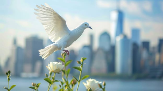 A white dove is flying over a city with a view of the water. Concept of freedom and peace, as the bird soars above the urban landscape. The contrast between the natural beauty of the flowers