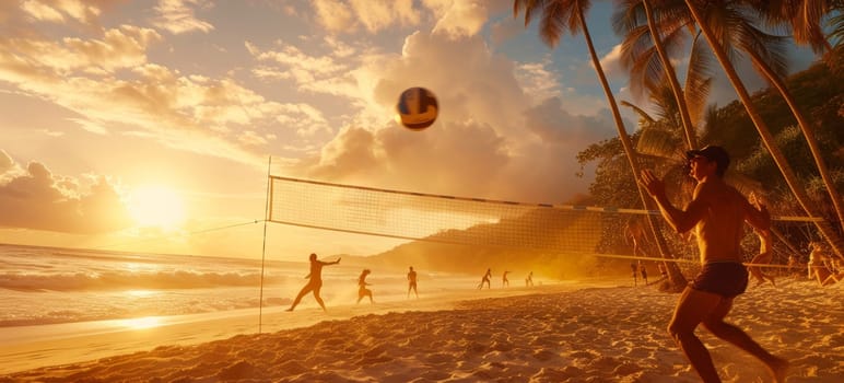 Beach volleyball players in a casual game during the golden hour with reflective ocean