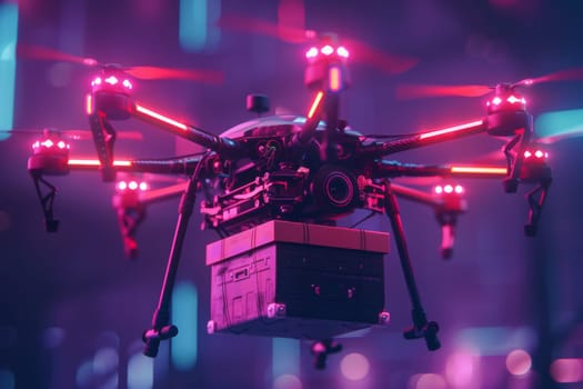 A drone with red lights is flying over a city. The drone is carrying a box. The image has a futuristic and technological vibe