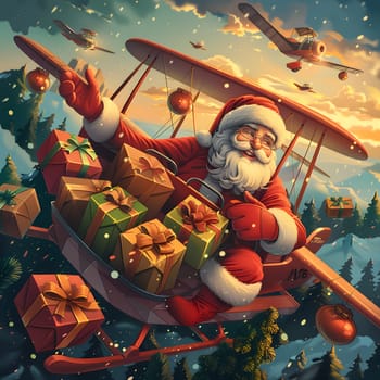 Santa Claus is gliding through the air in a sleigh bursting with gifts, resembling a boat sailing across the sky, bringing joy and cheer to all