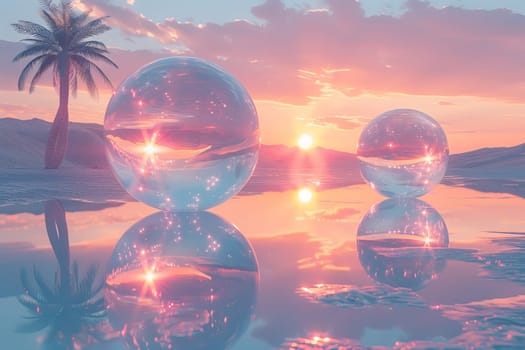 A beautiful sunset is reflected in two large, clear spheres in a body of water. The scene is serene and peaceful, with the sun setting in the distance
