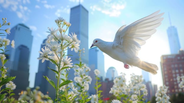 A white dove flies over a field of flowers and a city skyline. Concept of freedom and peace, as the bird soars above the urban landscape. The contrast between the natural beauty of the flowers