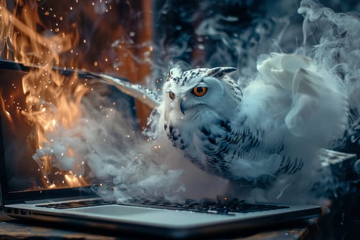 A white owl is perched on a laptop computer, with smoke and fire in the background. Concept of danger and chaos, as the owl seems to be in the midst of a fiery scene