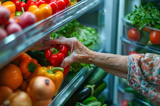 A woman reaching for a pepper in a refrigerator. Concept of nostalgia and the idea of a woman taking care of herself by choosing healthy food options