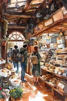 A group of customers are browsing different types of bread in a retail bakery within the marketplace