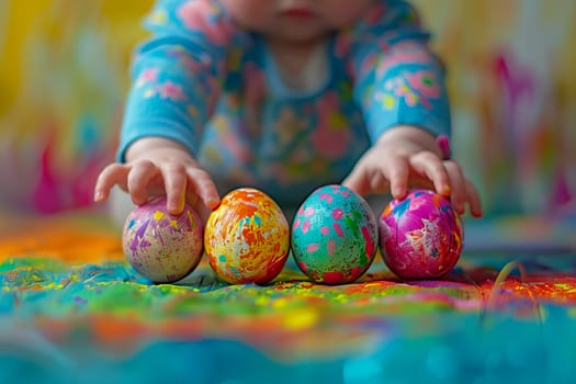 A young child is creatively adorning Easter eggs with vibrant colors.