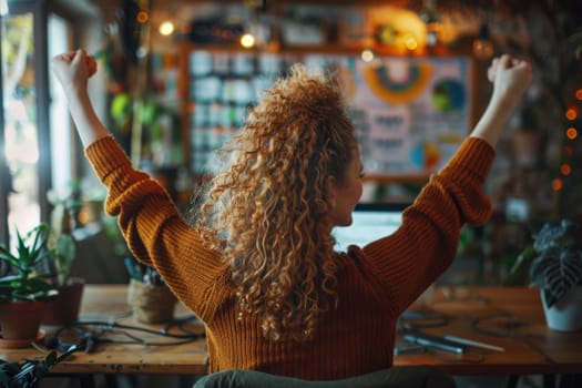 A woman with curly hair is standing and raising her arms in the air. She is wearing a yellow sweater and is in front of a white board with a lot of graphs on it. Scene is celebratory and energetic