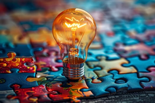 A light bulb is lit up on top of a jigsaw puzzle. The puzzle is made up of many different colored pieces, and the light bulb is the only thing that stands out. Concept of creativity and imagination