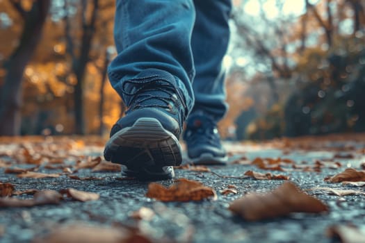 A person is walking through a forest with leaves on the ground. The person is wearing a pair of white shoes