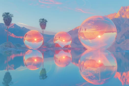 A beautiful scene of three large, clear spheres reflecting the sun in the water. The spheres are surrounded by a calm, serene lake, and the sky is a soft, warm pink. Concept of peace and tranquility