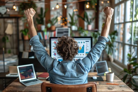 A man is sitting at a desk with a laptop and a monitor. He is holding his hands up in the air, possibly celebrating a victory or accomplishment. The room is filled with various plants