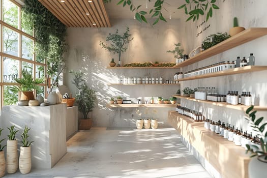 A store with shelves full of products and plants. The store is bright and inviting, with sunlight streaming in through the windows. The plants add a touch of nature to the space