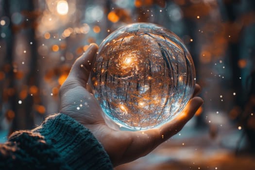A hand holding a glass sphere with a light shining through it. The sphere is surrounded by a blurry background of trees and snow. Concept of wonder and magic