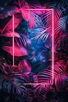A neon frame in electric blue and magenta is surrounded by tropical leaves in the dark, creating a vibrant and artistic pattern in the darkness of the marine organisms habitat