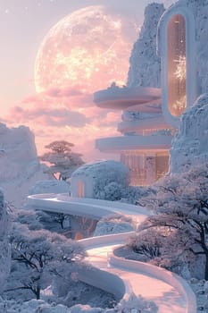 A snowy landscape with a large moon in the background. The moon is surrounded by clouds, giving the scene a dreamy and ethereal feel. The landscape is filled with trees and a winding path