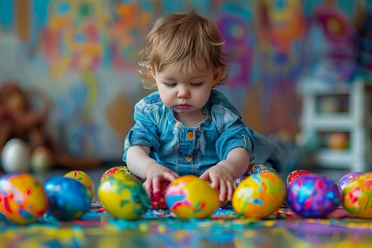 A young child is creatively adorning Easter eggs with vibrant colors.
