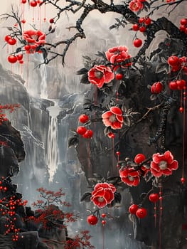 A painting of a flowering plant with red petals hanging from a branch of a tree, set against a backdrop of a waterfall