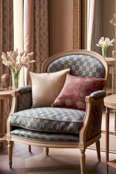 Home decor and interior design, furniture and interior decoration accessories, soft furnishings, upholstery and textiles in English country house and elegant cottage style, post-processed, generative ai