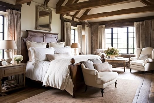 Bedroom decor, interior design and holiday rental, classic bed with elegant plush bedding and furniture, English country house and cottage style idea