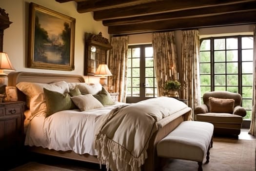 Bedroom decor, interior design and holiday rental, classic bed with elegant plush bedding and furniture, English country house and cottage style idea