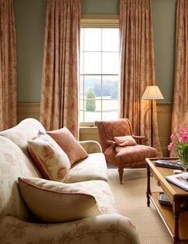 Beautiful lounge decor, sitting room and interior design, living room furniture, sofa, curtains and home decor in English country house and elegant cottage style, post-processed, generative ai