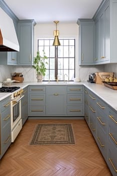 Cottage kitchen interior design, home decor and house improvement, English muted blue in frame kitchen cabinets in a country house interiors