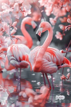 Image of a flamingo in surrealism style with flowers, pastel colors.