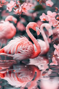 Image of a flamingo in surrealism style with flowers, pastel colors.