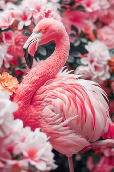 Image of a flamingo in surrealism style with flowers, pastel colors.