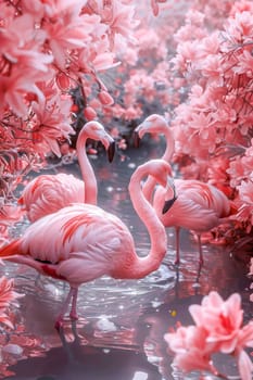 Image of a flamingo in surrealism style with flowers, pastel colors.