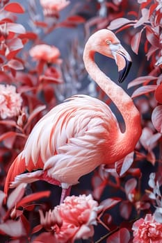 Image of a flamingo in surrealism style with flowers, pastel colors.