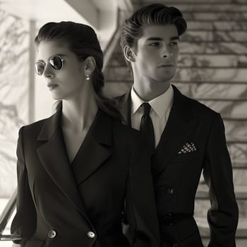 A man and a woman are standing next to each other on a set of stairs, both wearing stylish outerwear. The man adjusts his tie while the woman adjusts her collar, both with a clear sense of style