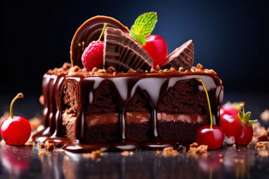 Decadent chocolate cake topped with luscious cherries, drizzled with rich chocolate sauce. For creating recipes on culinary websites, blogs, promoting food products on social media platforms