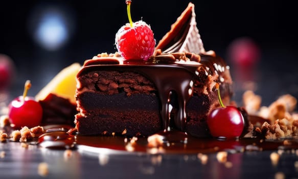 Decadent chocolate cake topped with luscious cherries, drizzled with rich chocolate sauce. For creating recipes on culinary websites, blogs, promoting food products on social media platforms