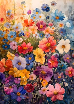 A vibrant painting capturing a field of colorful flowers, showcasing the art of flower arranging. The bouquet of petals includes various flowering plants and annuals, creating a beautiful groundcover