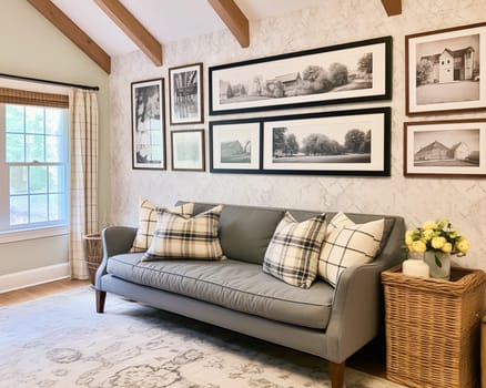 Living room gallery wall, home decor and wall art, framed art in the English country cottage interior, room for diy printable artwork mockup and print shop idea