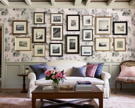 Living room gallery wall, home decor and wall art, framed art in the English country cottage interior, room for diy printable artwork mockup and print shop idea