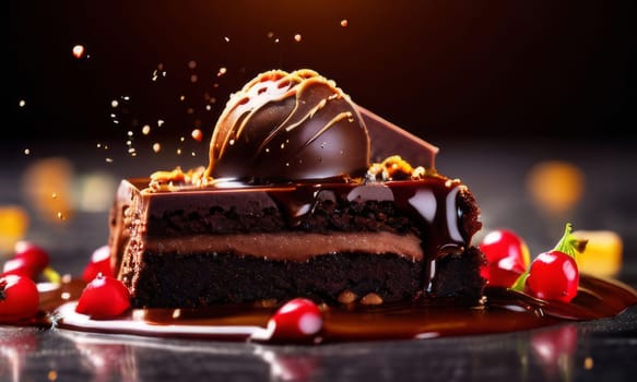 Decadent chocolate cake topped with luscious cherries, drizzled with rich chocolate sauce. For creating recipes on culinary websites, blogs, promoting food products on social media platforms