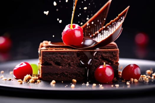 Decadent chocolate cake topped with luscious cherries, drizzled with rich chocolate sauce. For creating recipes on culinary websites, blogs, promoting food products on social media platforms