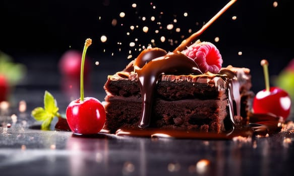 Decadent chocolate cake topped with luscious cherries, drizzled with rich chocolate sauce. For creating recipes on culinary websites, blogs, promoting food products on social media platforms