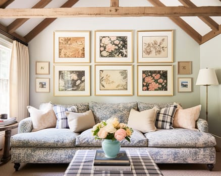 Living room gallery wall, home decor and wall art, framed art in the English country cottage interior, room for diy printable artwork mockup and print shop idea