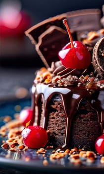 Decadent chocolate cake topped with luscious cherries, drizzled with rich chocolate sauce. For creating recipes on culinary websites, blogs, promoting food products on social media platforms
