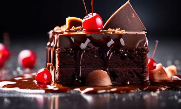 Decadent chocolate cake topped with luscious cherries, drizzled with rich chocolate sauce. For creating recipes on culinary websites, blogs, promoting food products on social media platforms