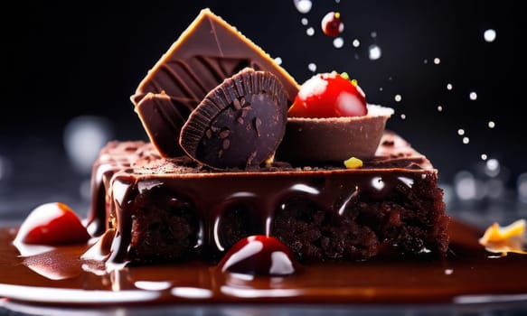 Decadent chocolate cake topped with luscious cherries, drizzled with rich chocolate sauce. For creating recipes on culinary websites, blogs, promoting food products on social media platforms