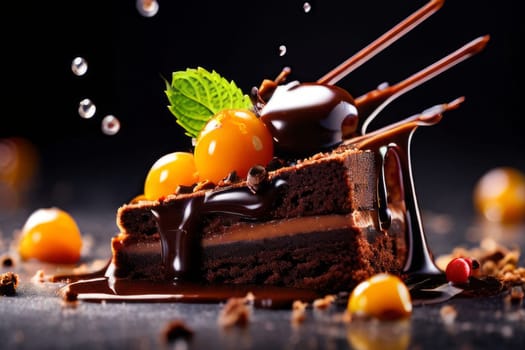 Decadent chocolate cake topped with luscious cherries, drizzled with rich chocolate sauce. For creating recipes on culinary websites, blogs, promoting food products on social media platforms