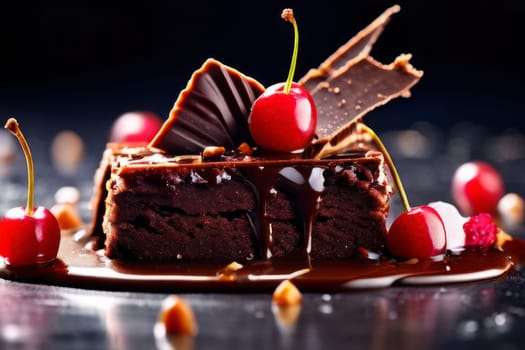 Decadent chocolate cake topped with luscious cherries, drizzled with rich chocolate sauce. For creating recipes on culinary websites, blogs, promoting food products on social media platforms