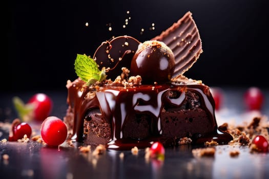 Decadent chocolate cake topped with luscious cherries, drizzled with rich chocolate sauce. For creating recipes on culinary websites, blogs, promoting food products on social media platforms