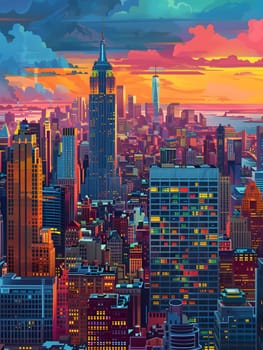 A city skyline with skyscrapers silhouetted against the sunset sky. The buildings stand tall as day transitions into dusk, creating a beautiful afterglow in the natural world